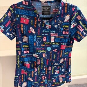 Cherokee Navy Multicolor Nurse-Themed Scrub Top